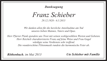 Traueranzeige von Franz Schieber von Pegnitz-Zeitung